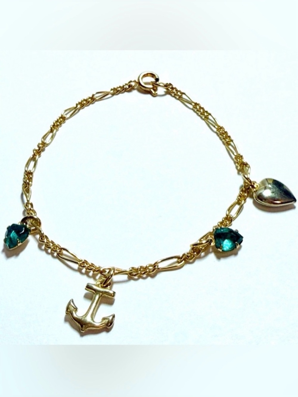Vintage Gold Tone Figaro Charm Bracelet - Anchor, Green Glass Heart-Nautical EUC